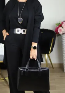 Elegante conjunto negro de 3 piezas con cárdigan largo y pantalón ancho para mujer