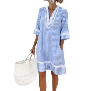 Stylish bohemian blue and white striped V-neck loose beach dress for summer vacation