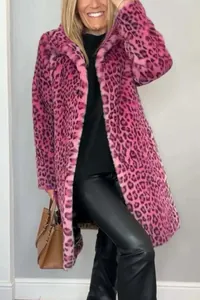 Women's pink leopard print faux fur mid-length coat for autumn and winter fashion.