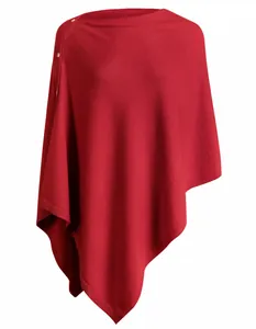 Elegant dark red knitted button poncho shawl wrap for women with asymmetric hem style