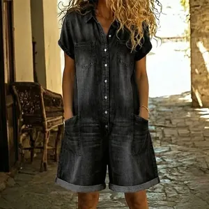 Women Casual Washed Denim Playsuit Short Sleeve Multi Pocket Button Front Romper Jumpsuit Shorts Fashion One Piece Outfit