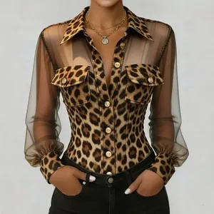 Elegant leopard print patchwork shirt with sheer mesh sleeves and stylish gold button details