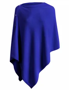 Detailed macro view of the royal blue knit fabric and buttons on a versatile shawl