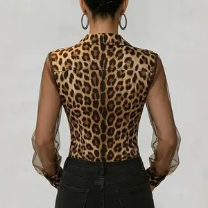 Elegant leopard print shirt with sheer mesh sleeves and button details, back view.