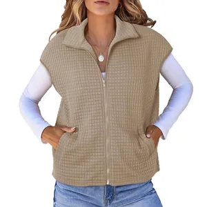 Women Waffle Knit Zipper Vest Sleeveless Sweatshirt Oversized Lapel Casual Athletic Top With Pockets Autumn Outwear