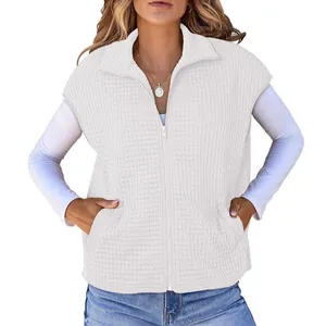 Stylish women's white waffle knit zip-up vest with stand collar and side pockets for autumn