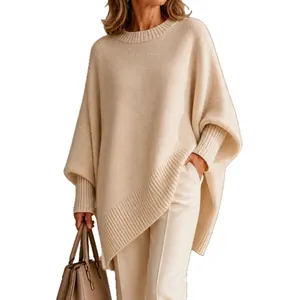 Lockere übergroße Strickponcho-Pullover für Damen in weichem Cremeweiß-Farbton