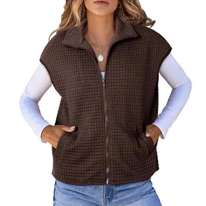 Women's oversized waffle knit zip-up vest with collar and side pockets in brown