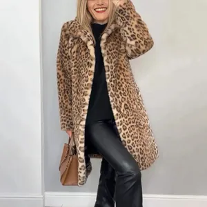 Women Fashion Leopard Print Faux Fur Coat Autumn Winter Plush Mid-Length Outwear European Style Warm Overcoat