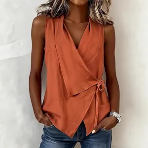 Chemisier cache-cœur orange sans manches pour femme avec nœud latéral et décolleté en V