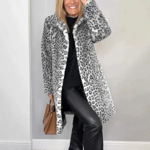 Elegant women's mid-length leopard print faux fur coat, perfect for winter fashion.