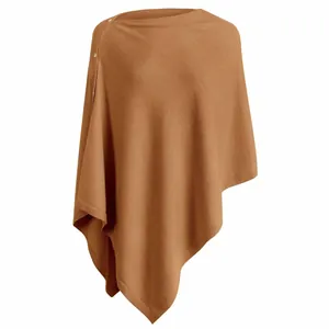 Elegant camel women's knitted shawl poncho with decorative buttons, multi-wear style