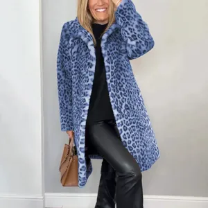 Stylish blue leopard print faux fur mid-length coat for women's winter fashion outfit