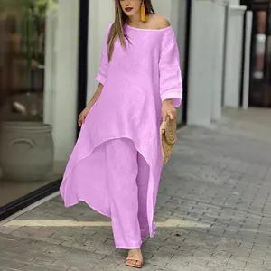 Ensemble lavande deux pièces en lin avec haut asymétrique et pantalon large