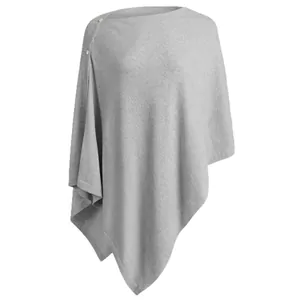 Elegant light gray multi-wear knitted poncho shawl with delicate button detailing