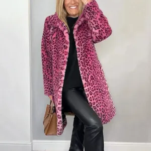 Stylish pink leopard print faux fur mid-length coat for women in autumn and winter