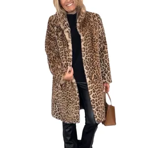 Stylish leopard print faux fur coat mid-length outerwear for autumn winter season