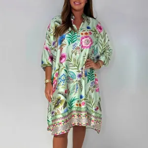 Robe Midi à Fleurs à Col en V pour Femmes Coupe Large Manches Bouffantes Robe Décontractée en Poliester pour Vacances d'Été