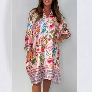 Robe rose fluide à fleurs pour femme, col en V, manches longues, style tendance printemps