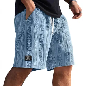 Men's light blue casual shorts with unique jacquard texture and woven patch detail