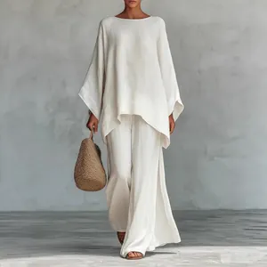 Top And Bottom Elegante Simple de Poliéster Textura de Lino para Mujer Camisa Suelta de Manga Larga Pantalones de Pata Ancha Traje Casual Vacaciones