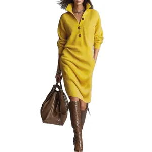 Vestido midi de punto amarillo vibrante con cuello abotonado y ajuste relajado de manga larga