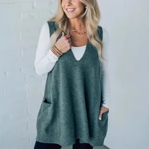 Eleganter einfarbiger Strickweste mit V-Ausschnitt und Taschen für Herbstwinter