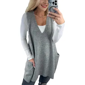 Eleganter übergroßer grauer Strickpullover für Damen mit V-Ausschnitt und Seitentaschen