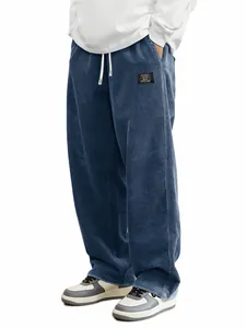 Vue détaillée du pantalon en velours côtelé bleu pour homme avec écusson classique