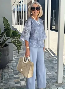 Full view of elegant light blue chiffon floral print two-piece set for women