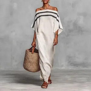 Damen Gestreiftes Schulterfreies Maxikleid Lässiges Lockeres Polyester Kaftan Urlaubs Strand Langes Kleid