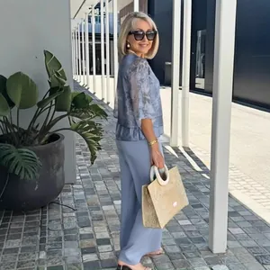 Elegant blue floral chiffon 2-piece set with round neck and middle sleeves for women.