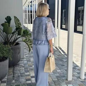 Elegant floral printed chiffon two-piece set including blouse and wide-leg pants