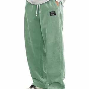 Pantalon décontracté classique en velours côtelé vert sauge pour homme, coupe ample