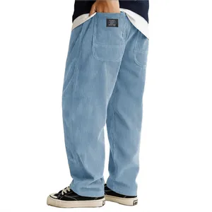 Men's loose fit light blue corduroy trousers with pocket detail and casual style