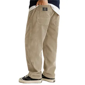 Men's loose khaki corduroy casual pants with classic letter label pocket design
