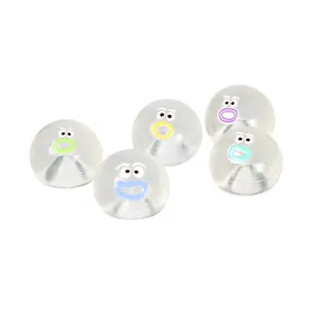 Detailed view of five cute miniature transparent squishy toys with colorful cartoon faces