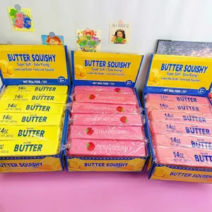 Slow rising butter squishy toys available in yellow salted butter and strawberry pink