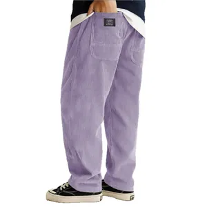 Men's loose purple corduroy trousers with casual sports style and stylish back pocket detail.