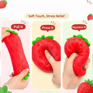 Strawberry squishy stress relief toy with pull, press, and squeeze features.