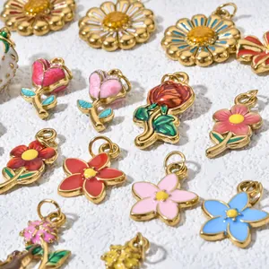 Enamel daisy and rose flower charms in stainless steel for DIY jewelry accessories