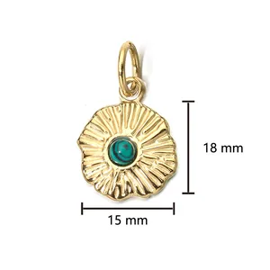 Detailed view showing 18mm x 15mm dimensions of gold wavy round pendant with malachite stone
