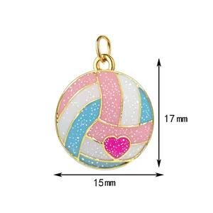 Detailed macro view of glitter volleyball pendant showing 17mm by 15mm size dimensions