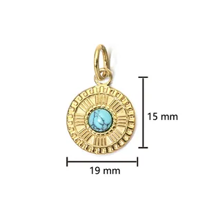 Detailed view of circular stainless steel pendant with blue stone and size markings.