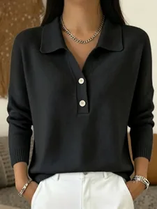 Dames Casual Gebreide Polo Trui Reverskraag Knoop Halve Knoopsluiting Losse Pasvorm Polyester Lange Mouwen Effen Kleur Gebreide Top