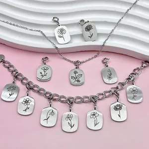 Close-up detail of twelve birth month flower engraved charms in brushed stainless steel