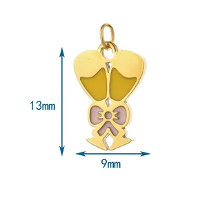 Stainless steel clinking wine glasses pendant with pink bow detail, 13x9mm size.