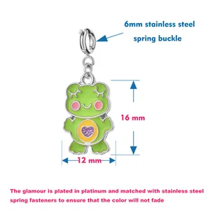Detailed view of a cute green frog alloy charm with 16mm x 12mm size dimensions.