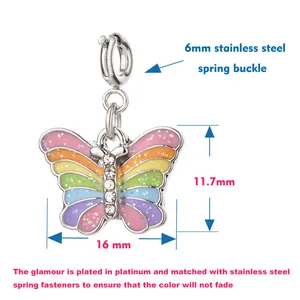 Detailed view of rainbow butterfly charm with 16mm width and stainless steel buckle