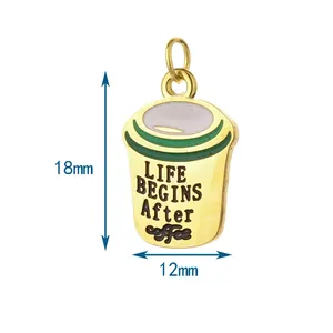 Detailed view of stainless steel coffee cup charm with 18mm and 12mm size markers
